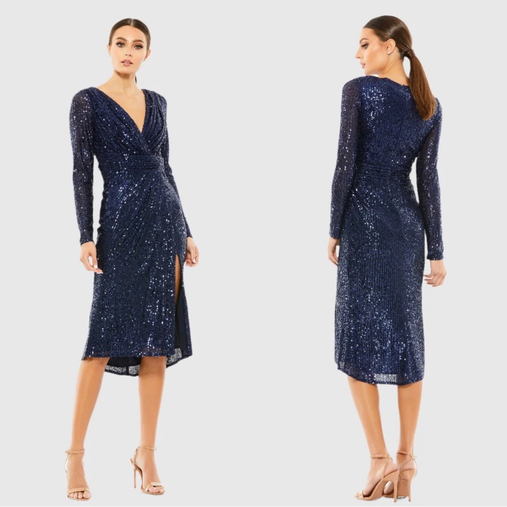 Mac Duggal 26555 Sequined Long Sleeve Midi Dress Size 12 NWT Midnight Blue